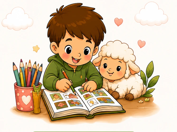 Criança sorrindo enquanto colore o livro ao lado de uma ovelhinha
