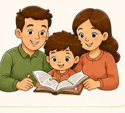 Família colorindo e lendo juntos